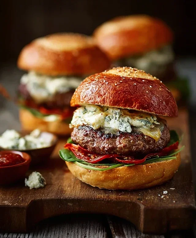Rinderburger mit Roquefort Paprikasalat