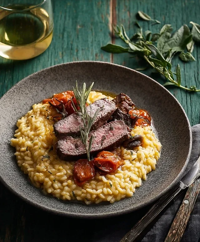 Moehren Risotto mit Lammfilet