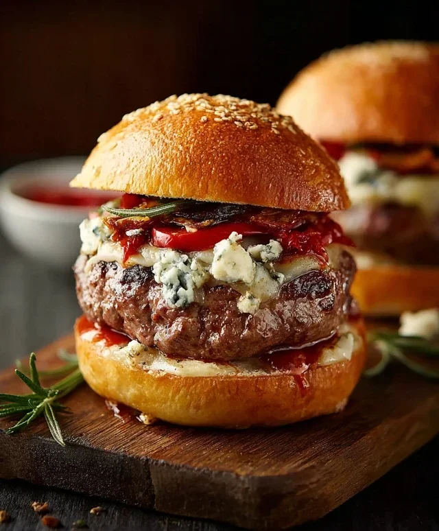 Rinderburger mit Roquefort Paprikasalat