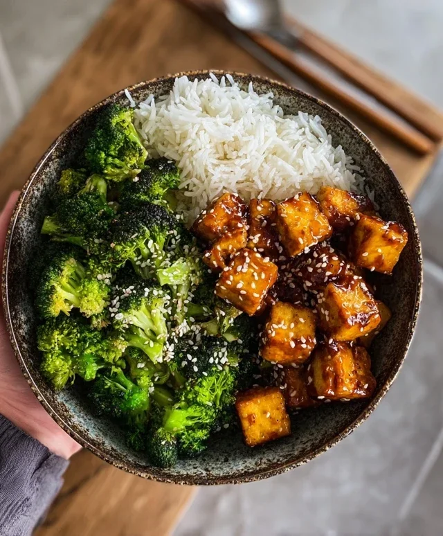 Tofu po koreańsku z ryżem i brokułami