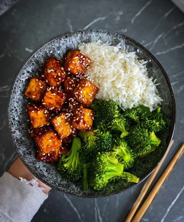 Tofu po koreańsku z ryżem i brokułami