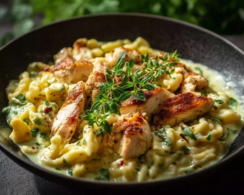 Spaetzle Pfanne Mit Haehnchen In Baerlauchrahm