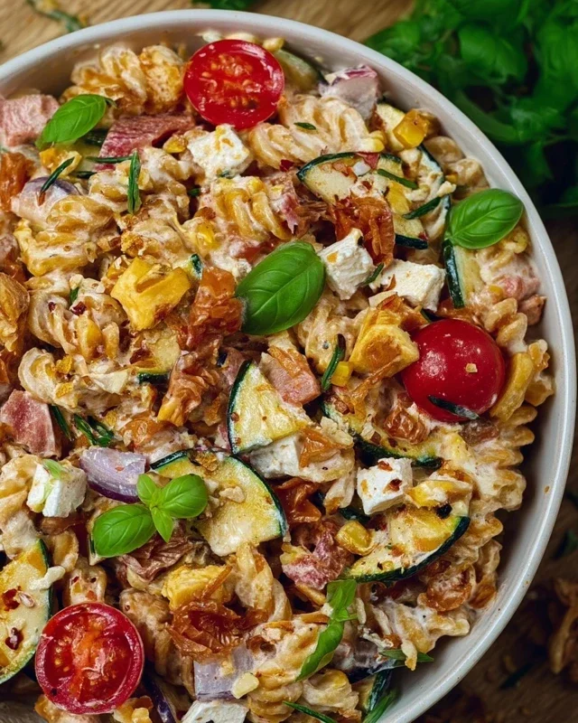 Crispy Pasta Salat mit Feta & Gemüse