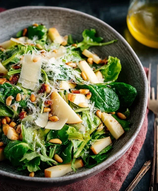 Feldsalat mit Apfeln Parmesan Pinienkernen