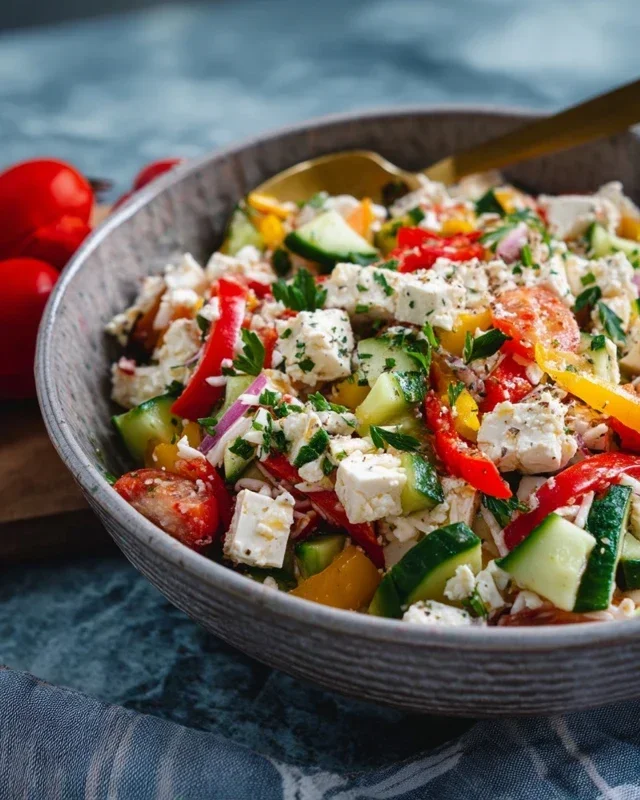 Mediterraner Reissalat mit Feta, Gurken und Paprika