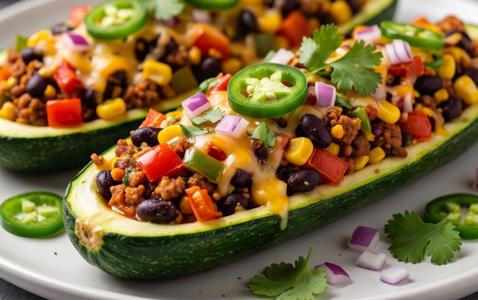 Gefüllte Zucchini-Schiffchen nach mexikanischer Art (Low Carb, Vegan)