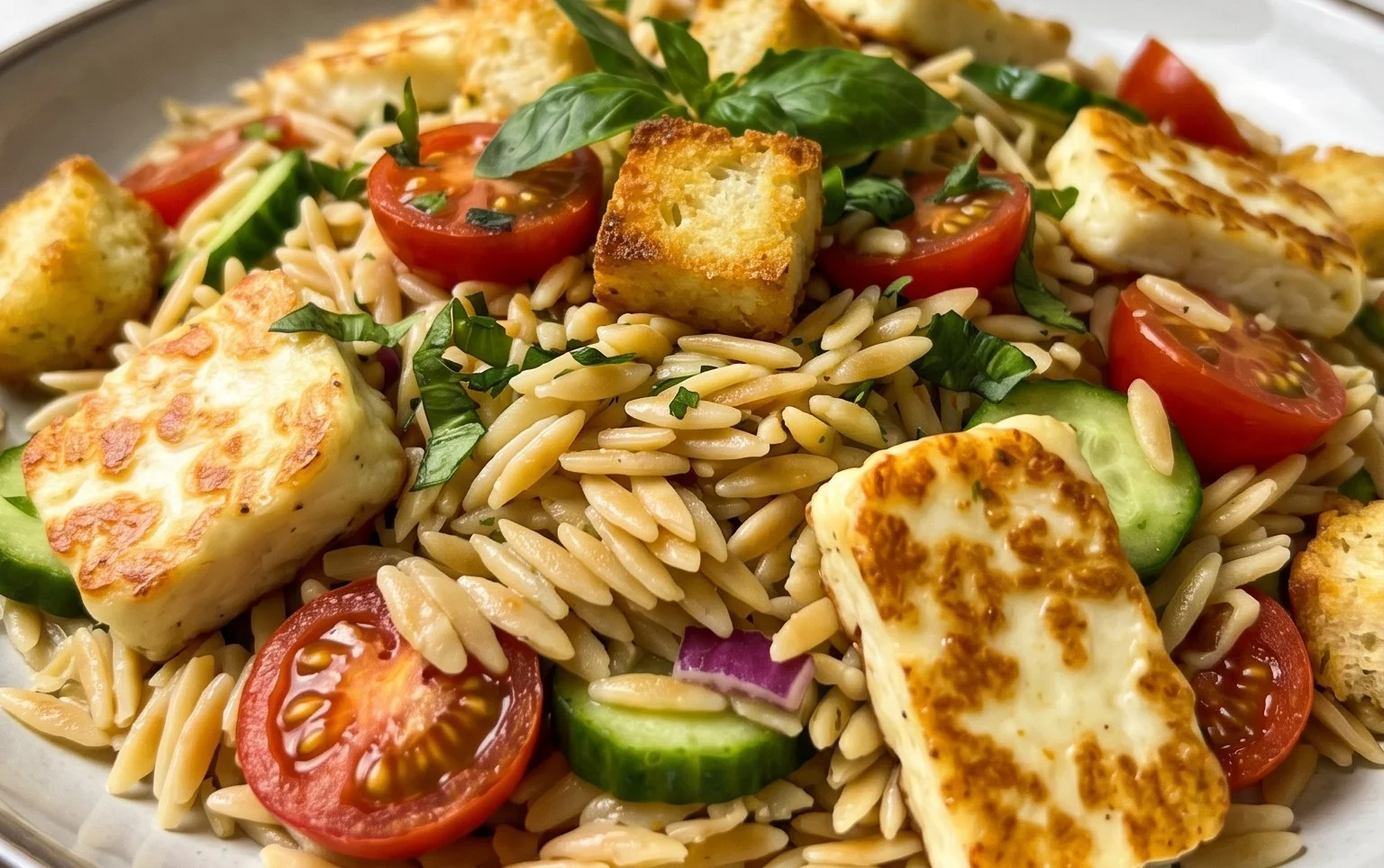 Kritharaki-Salat mit Halloumi-Croutons