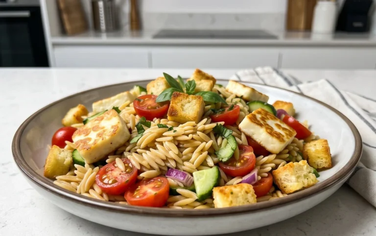 Kritharaki-Salat mit Halloumi-Croutons