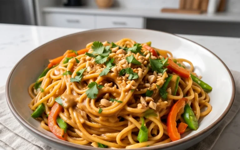 Mie Nudeln mit Erdnusssauce und Gemüse