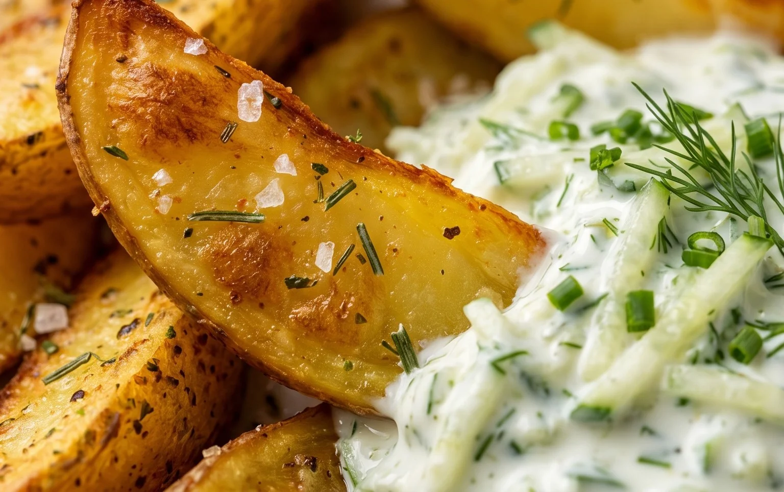 Kartoffelspalten mit Gurkendip