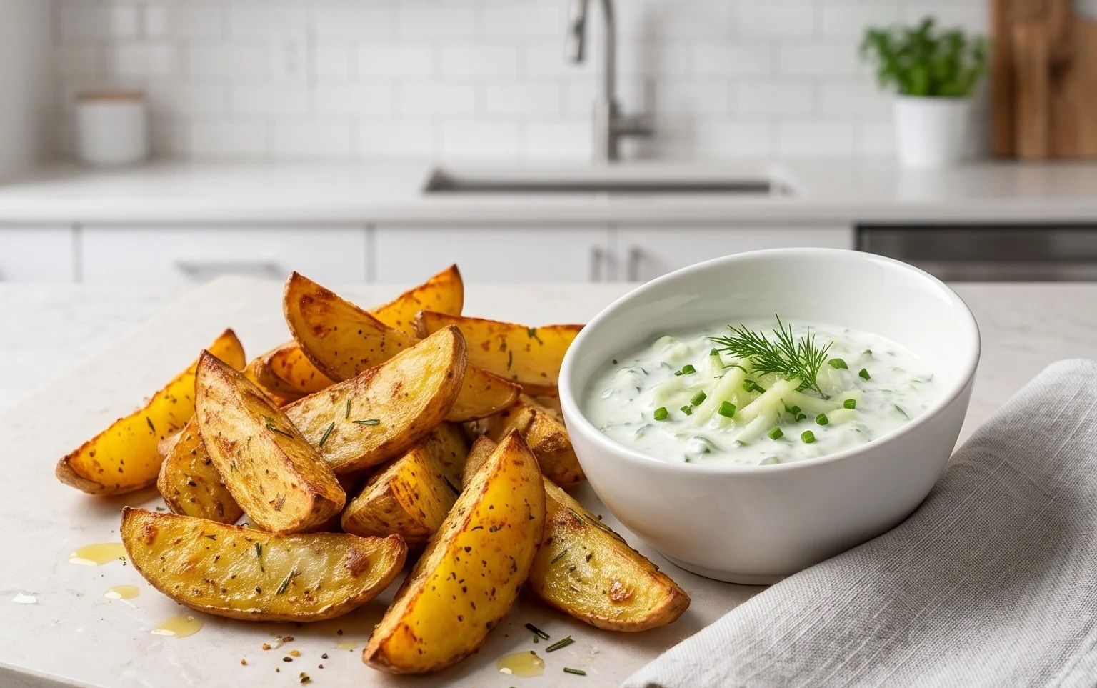 Kartoffelspalten mit Gurkendip