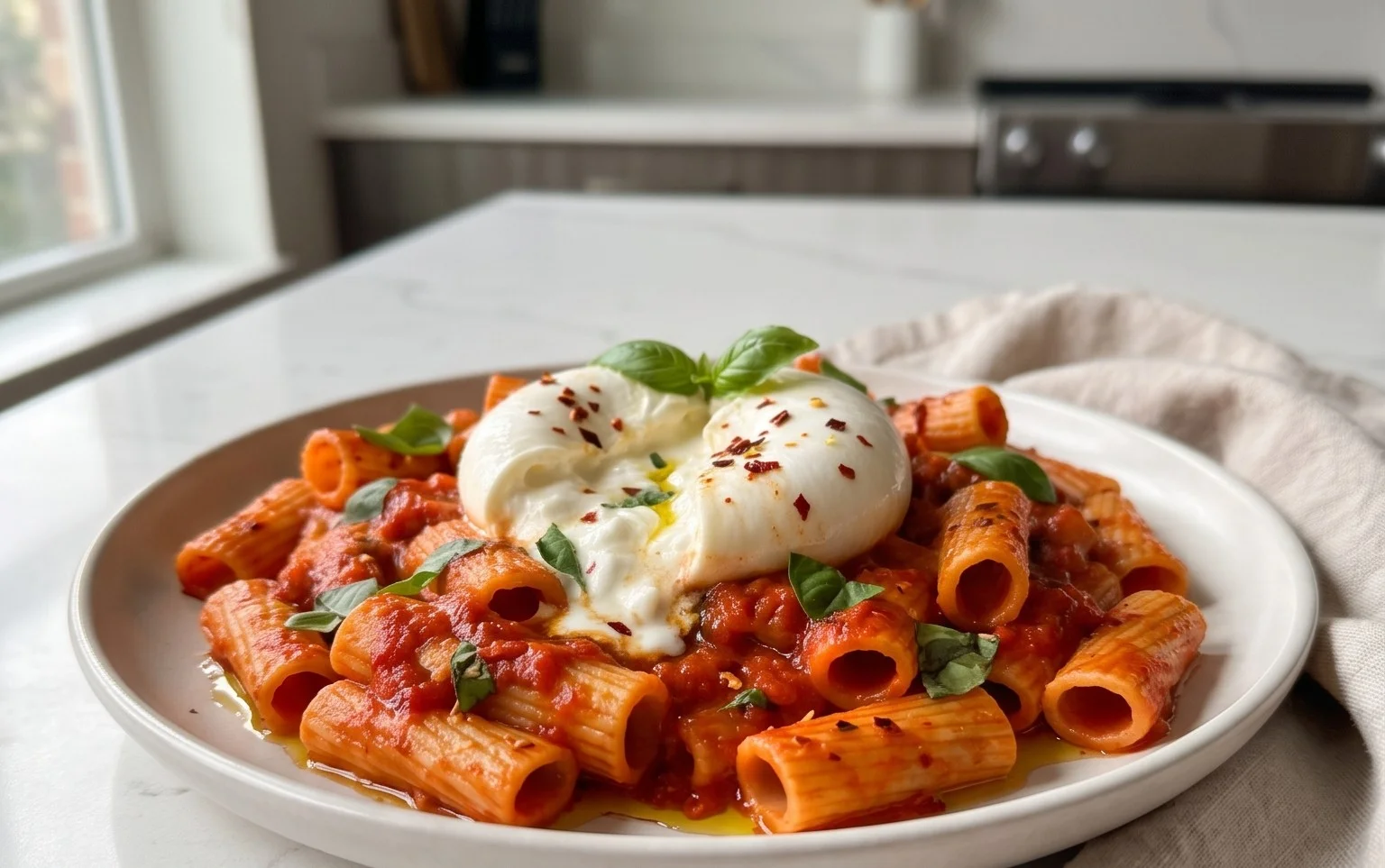Spicy burrata rigatoni