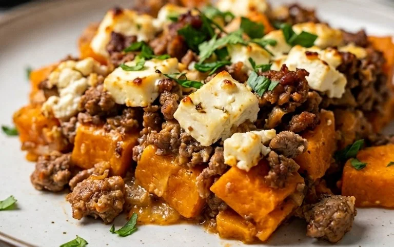 Süßkartoffel-Hackfleisch-Auflauf mit Feta
