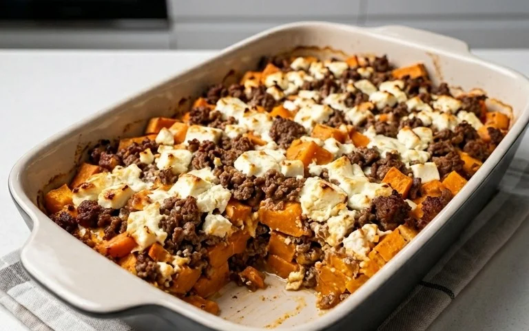 Süßkartoffel-Hackfleisch-Auflauf mit Feta