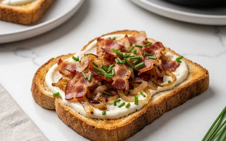 Flammkuchen Toast mit Speck und Zwiebeln