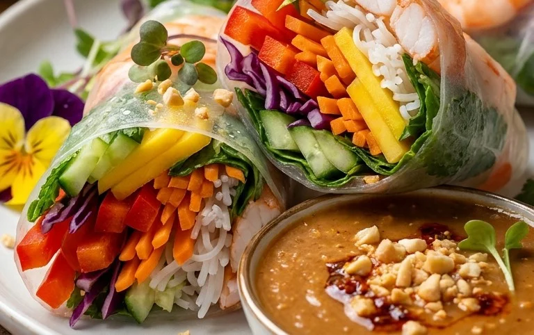 Rainbow Spring Rolls with Gin Extractger Peanut Sauce