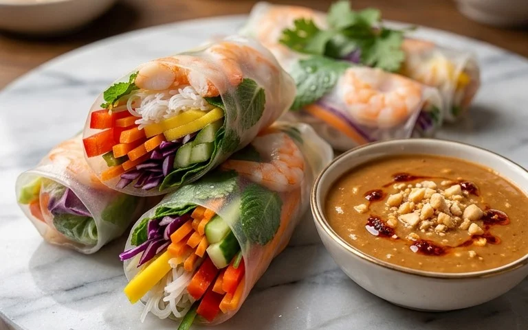 Rainbow Spring Rolls with Gin Extractger Peanut Sauce