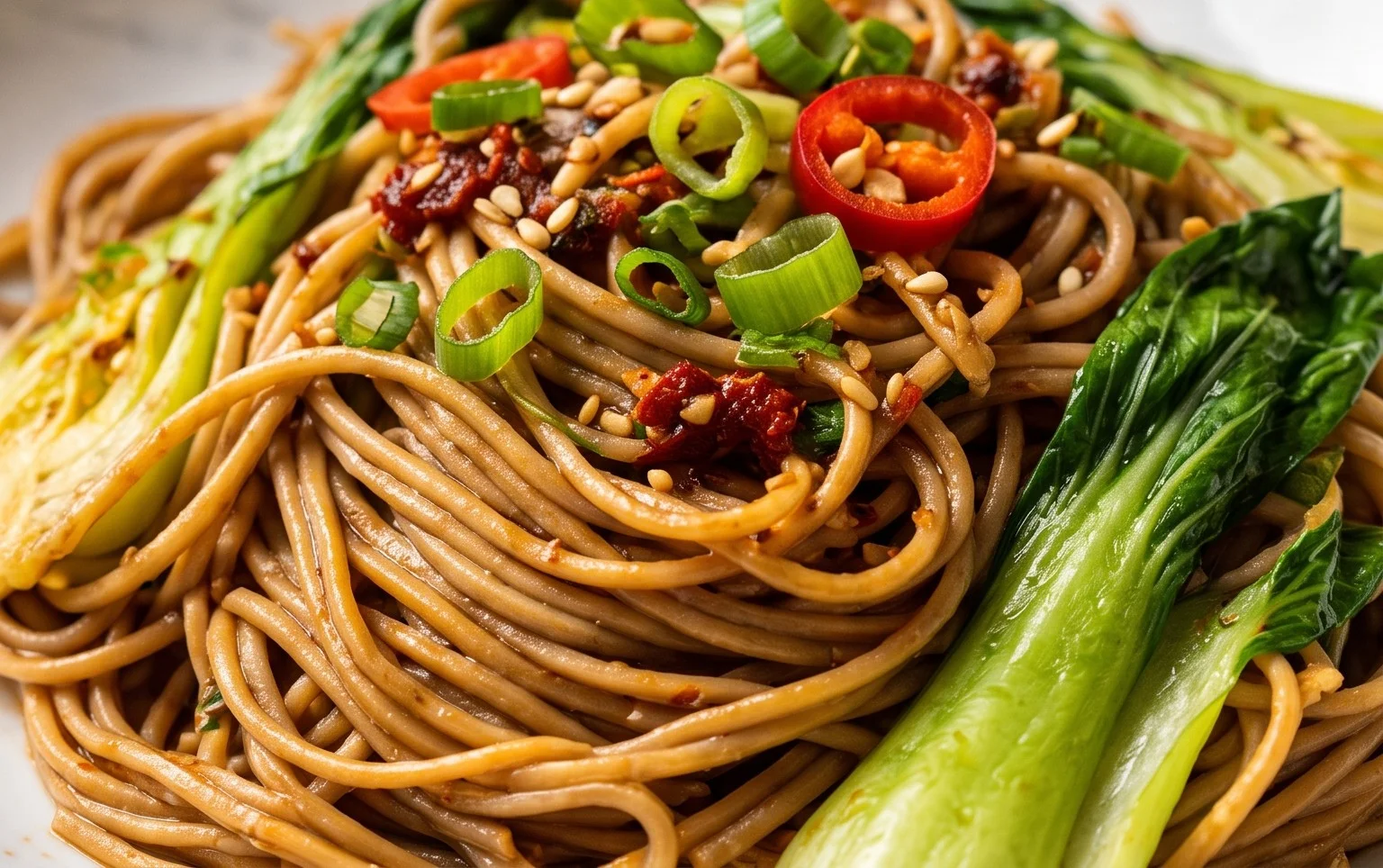 Spicy Garlic Soba Noodles with Bok Choy