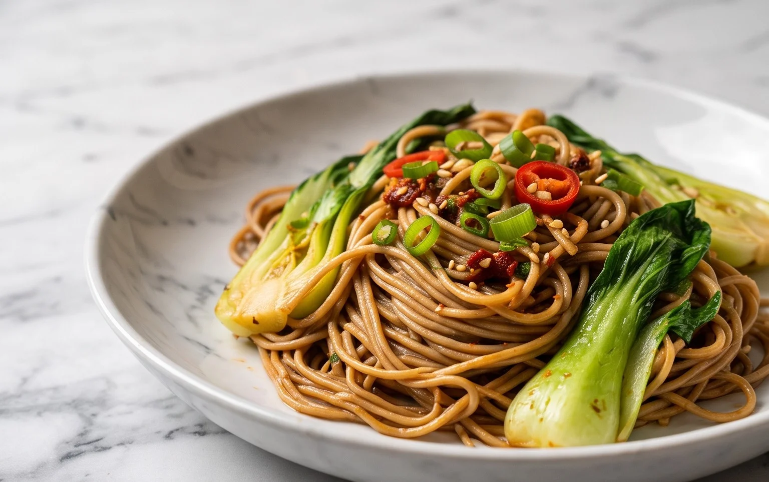 Spicy Garlic Soba Noodles with Bok Choy