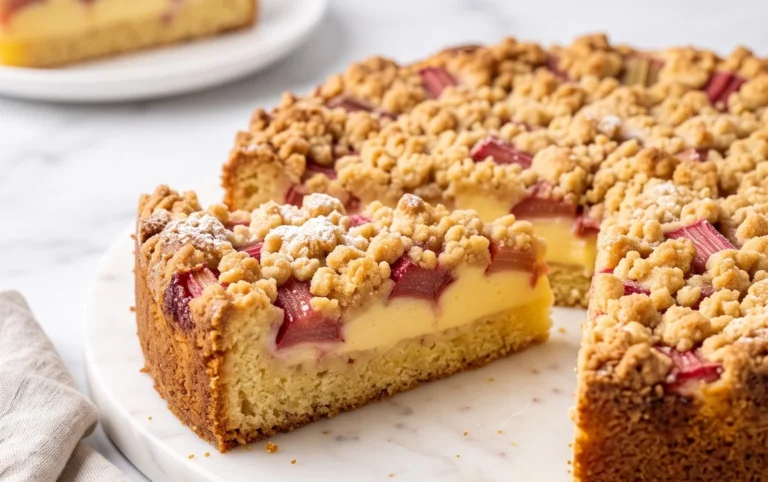 Rhabarberkuchen mit Pudding und Streuseln – wie von Oma