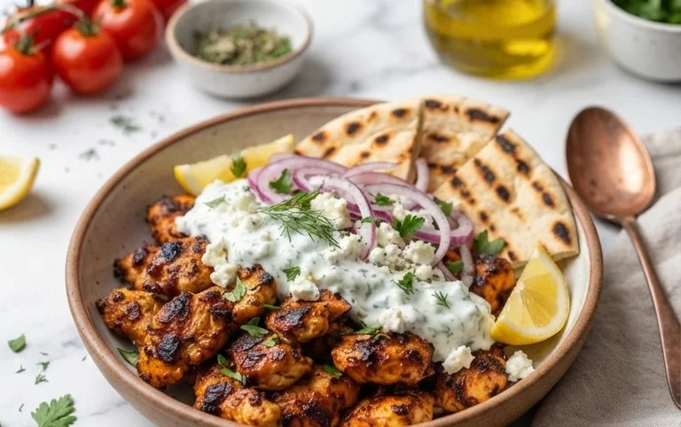 Mediterranes Hähnchen-Gyros mit Feta-Tzatziki genießen!