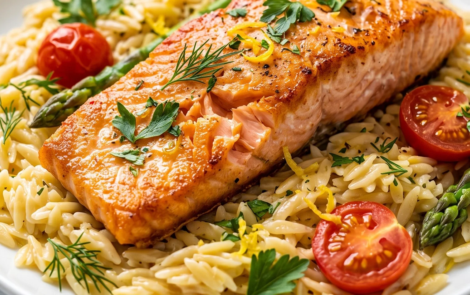 One Skillet Salmon with Lemon Orzo