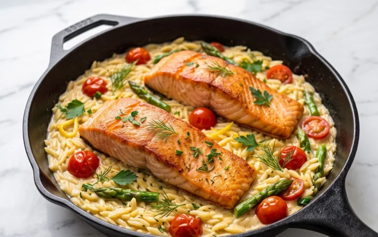One Skillet Salmon with Lemon Orzo