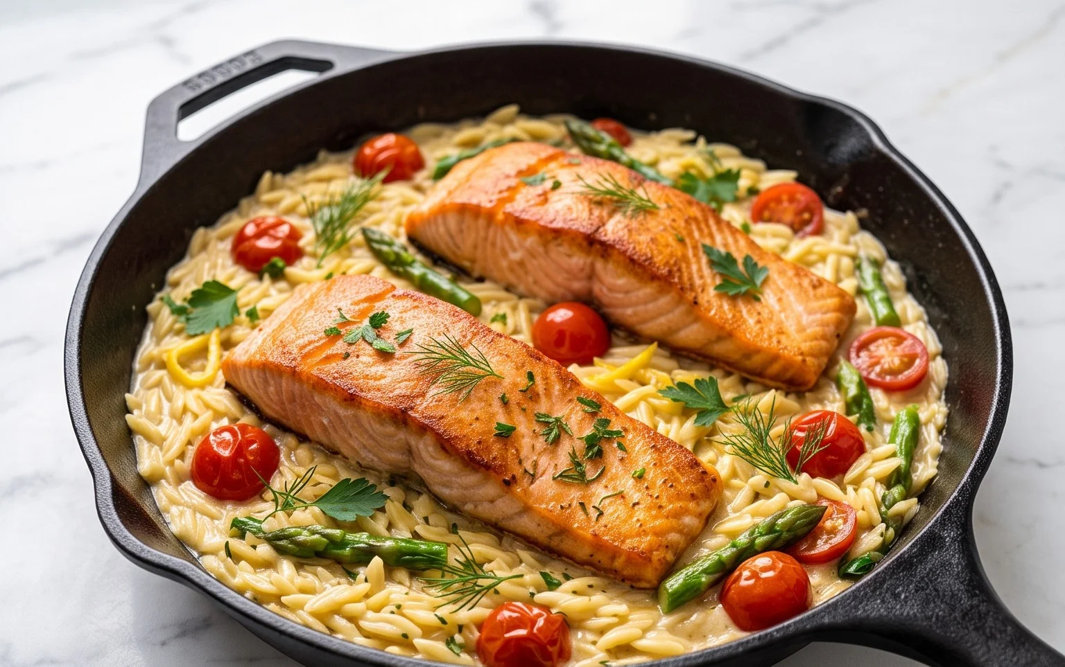 One Skillet Salmon with Lemon Orzo