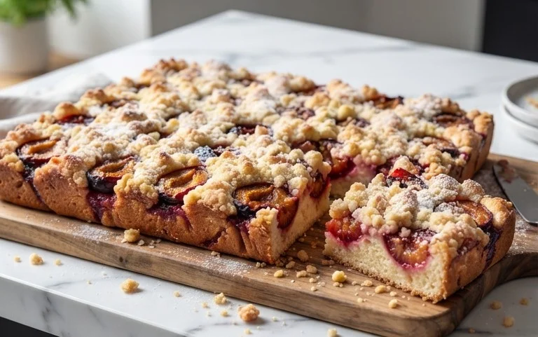 Rezept für Streusel-Pflaumenkuchen vom Blech mit Hefeteig