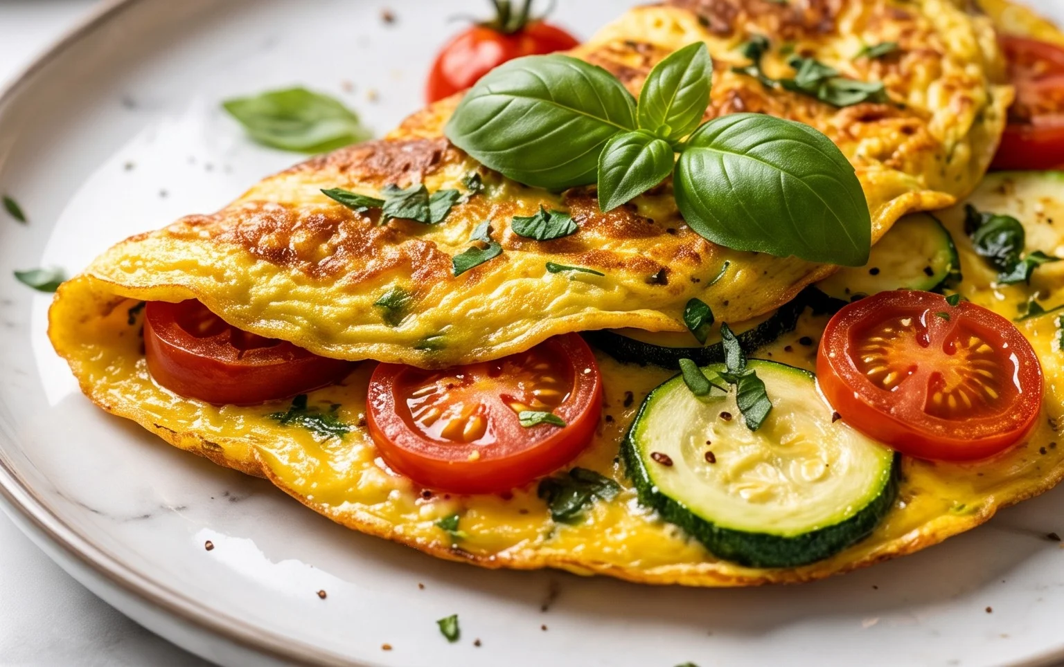 Zucchini-Omelett mit Tomaten und Basilikum