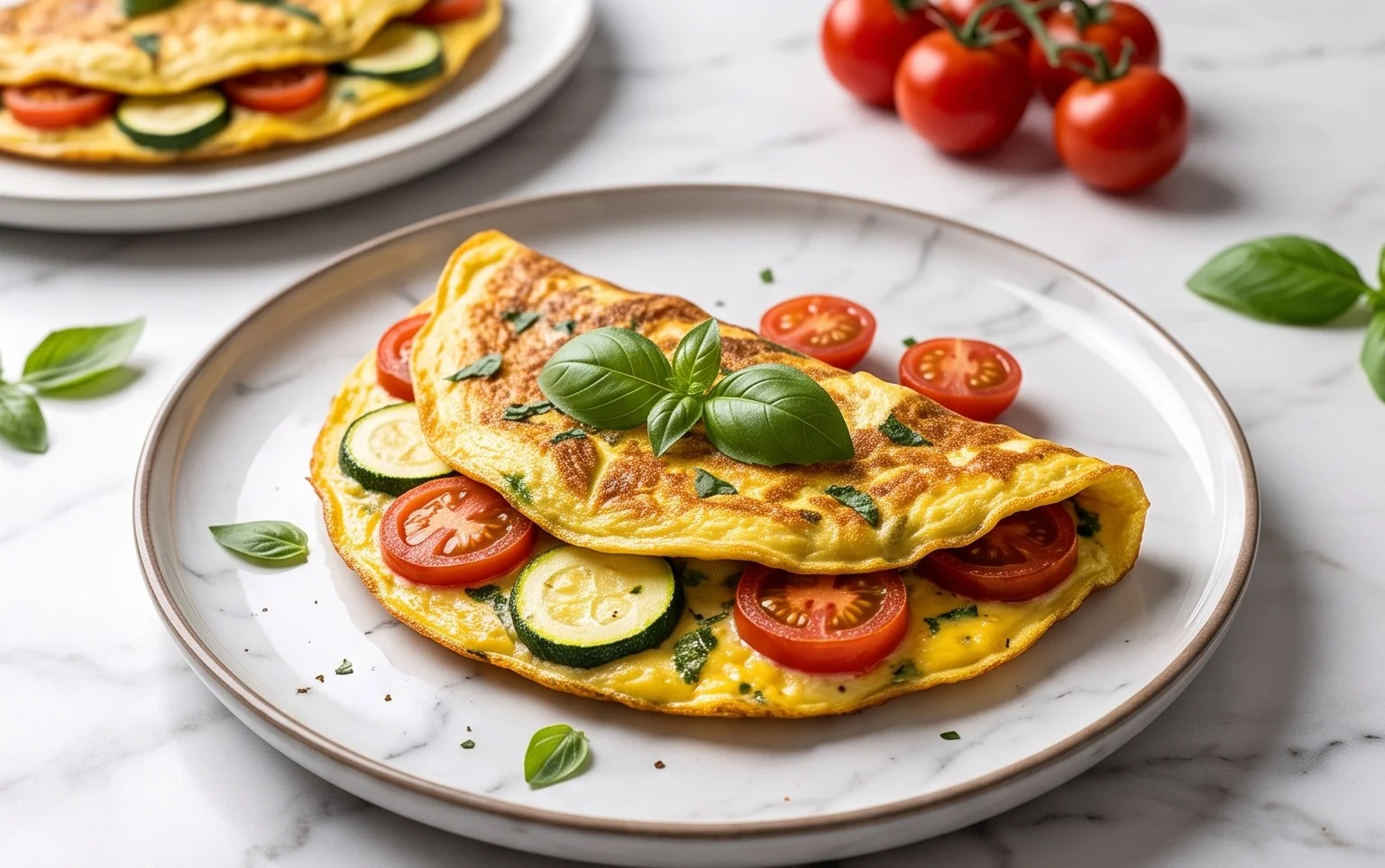 Zucchini-Omelett mit Tomaten und Basilikum