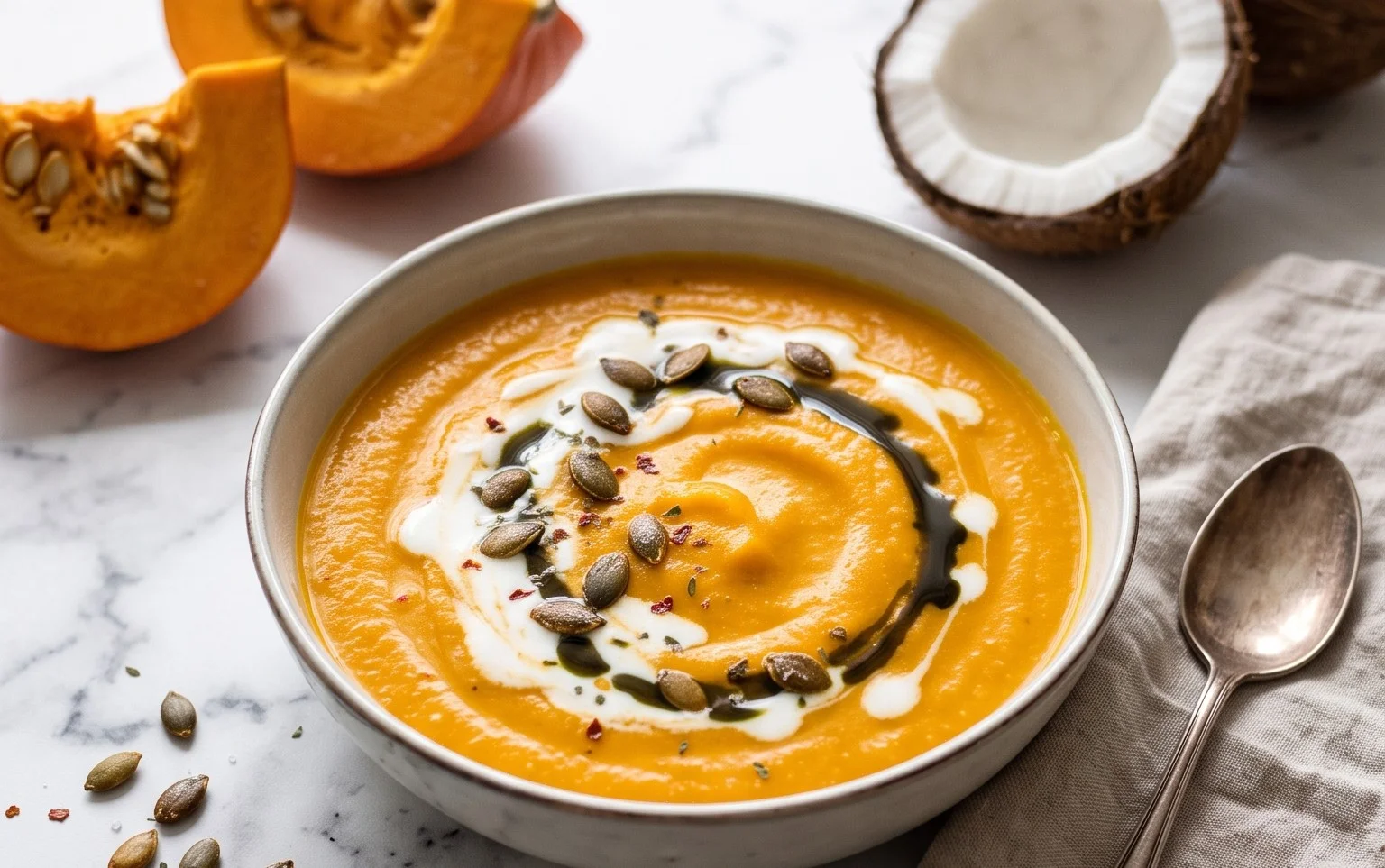 Vegane Kürbissuppe mit Kokosmilch – Sämig & Schnell